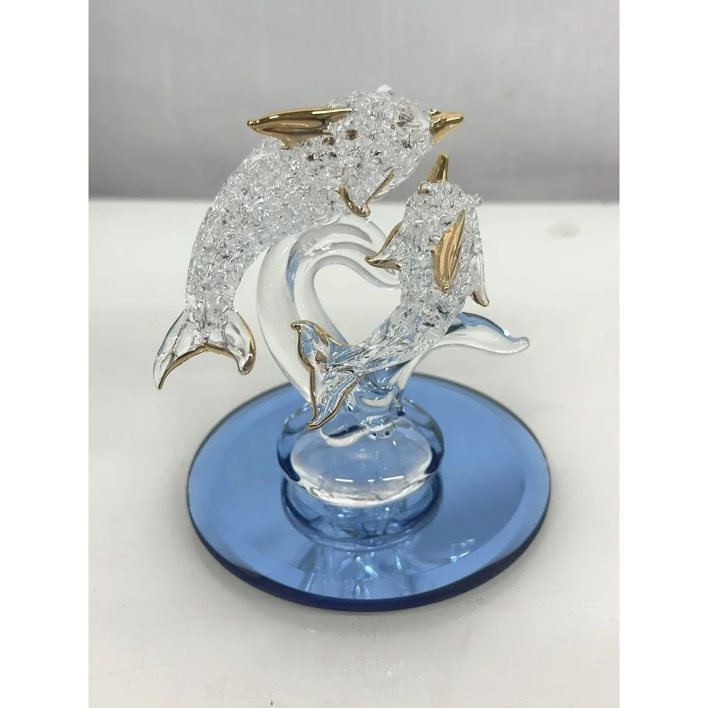 Spun Glass Dolphin Porpoise Figurine Ornament Mirror Base 24K Gold